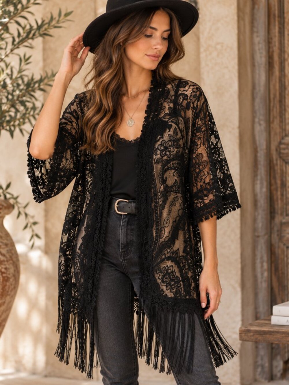 Womens Black Lace Kimono Fringe Shawl Sheer Boho Whimsigoth Layering One Size